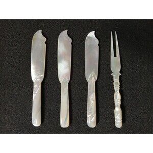 Antique MOP Carving Set 4pc 5" Mother of Pearl Knives Forks Iridescent